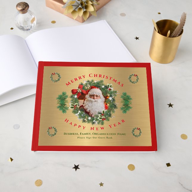 Gold Merry Christmas Happy New Year Santa Photo  Guest Book (Front Open)