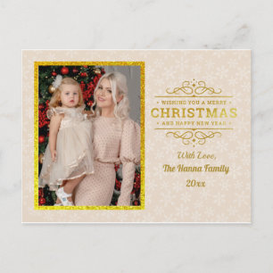 Gold Merry Christmas & Happy New Year & Snowflake Holiday Postcard