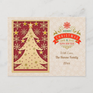Gold Merry Christmas & Happy New Year & Snowflake Postcard