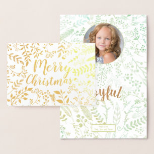 Gold Merry Christmas Holiday Circle Floral Photo Foil Card