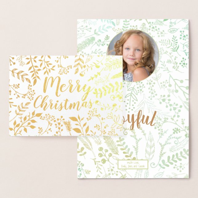 Gold Merry Christmas Holiday Circle Floral Photo Foil Card (Display)
