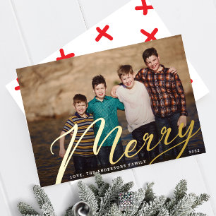 Gold Merry Christmas Landscape Family Photo Foil
