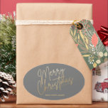 Gold Merry Christmas Luxe Grey Oval Sticker<br><div class="desc">Merry Christmas in a faux gold foil script and your names in chic lettering,  these grey stickers are stylish for any Christmas holiday occasion. MORE COLORS and matching products in our collection.</div>