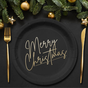 Gold Merry Christmas on Black Paper Plate