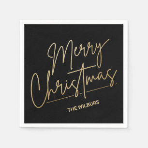 Gold Merry Christmas on Black Personalised Napkin