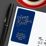 Gold Merry Christmas on Blue Return Address Label<br><div class="desc">Merry Christmas in an elegant gold script accents these blue address labels personalised with your name and address. Stylish for any Christmas holiday occasion. MATCHING items in our collection.</div>