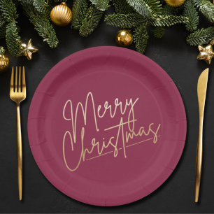 Gold Merry Christmas on Cranberry Paper Plate