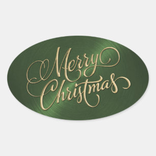 Gold Merry Christmas on Green Oval Sticker