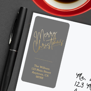 Gold Merry Christmas on Grey Return Address Label