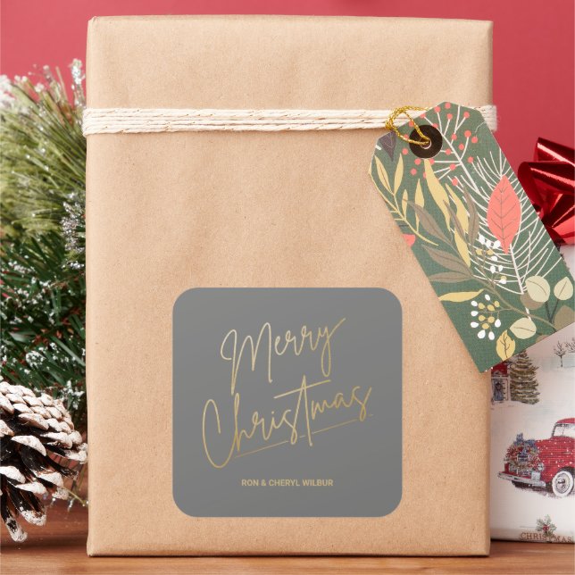 Gold Merry Christmas on Grey Square Sticker (Holiday)