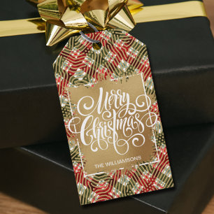 Gold Merry Christmas on Plaid Gift Tags