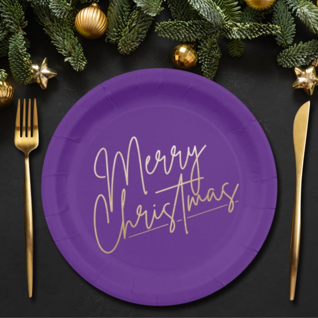 Gold Merry Christmas on Purple Paper Plate (Creator Uploaded)