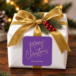 Gold Merry Christmas on Purple Square Sticker