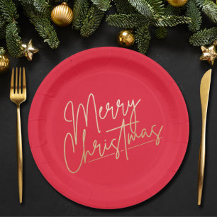 Gold Merry Christmas on Red Paper Plate