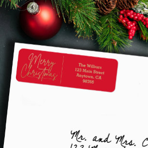 Gold Merry Christmas on Red Return Address Label