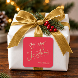 Gold Merry Christmas on Red Square Sticker