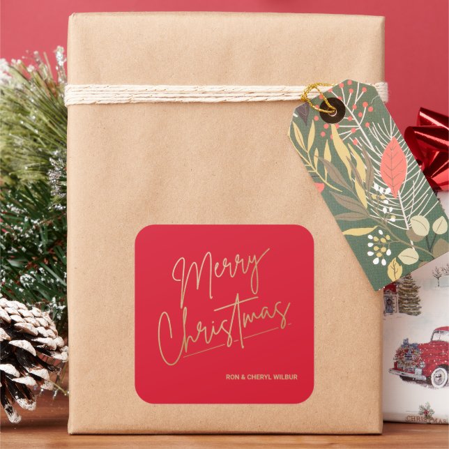 Gold Merry Christmas on Red Square Sticker (Holiday)