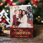 Gold Merry Christmas on Red Tartan Photo Holiday Card<br><div class="desc">Festive classic red,  black & white diagonal tartan pattern with custom gold Merry Christmas text graphic and single photo template.</div>