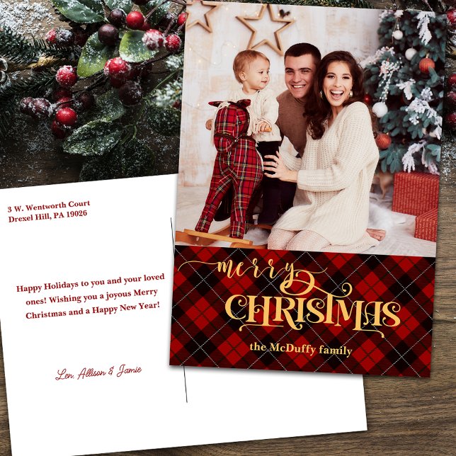 Gold Merry Christmas on Red Tartan Photo Holiday Postcard (Creator Uploaded)