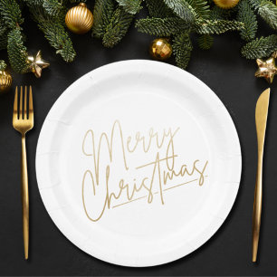 Gold Merry Christmas on White Paper Plate