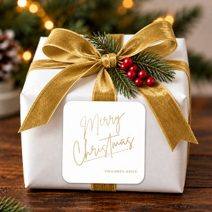 Gold Merry Christmas on White Square Sticker