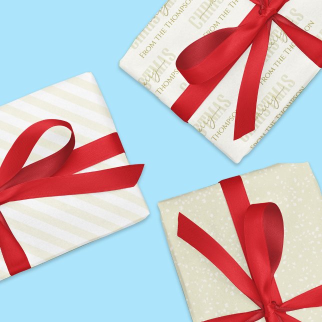 Gold Merry Christmas Pattern Custom  Wrapping Paper Sheet (Gold calligraphy script custom gift wrap with matching stripes and speckles. )