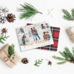Gold Merry Christmas Photo Card Five Pictures<br><div class="desc">Gold effect stylish script merry christmas with coordinating red and green check tartan backer design. Space for a a five photo collage design.</div>