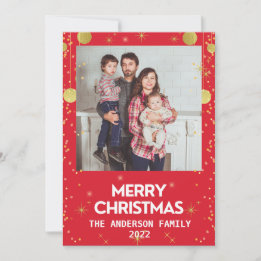 Gold Merry Christmas Photo Red Holiday Card