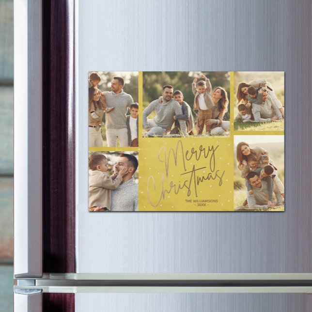 Gold Merry Christmas Photos Yellow Magnetic Card (Faux gold Merry Christmas 5 photo gold border magnetic Christmas cards)