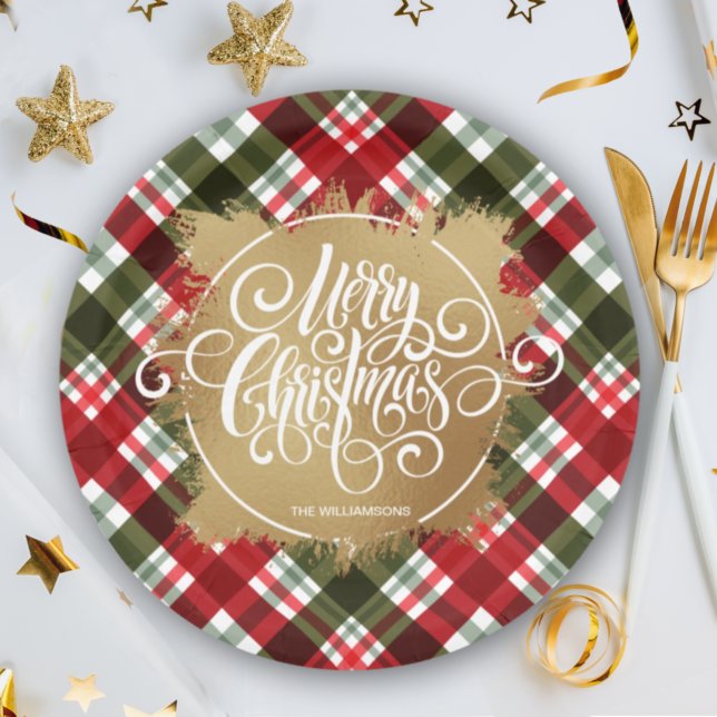 Gold Merry Christmas Plaid Paper Plate (Creator Uploaded)