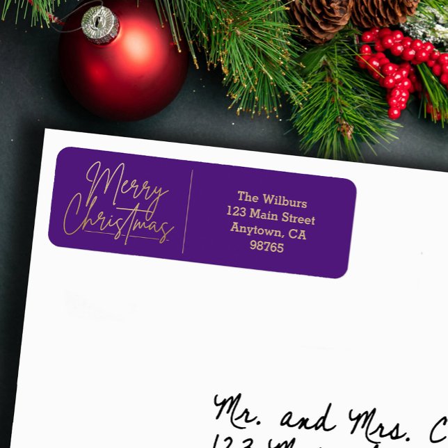 Gold Merry Christmas Purple Return Address Label (Gold Merry Christmas script on purple return address labels)