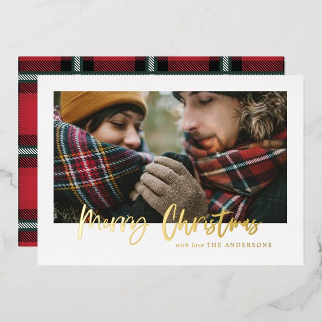 Gold merry christmas red and green plaid photo  (Front/Back)