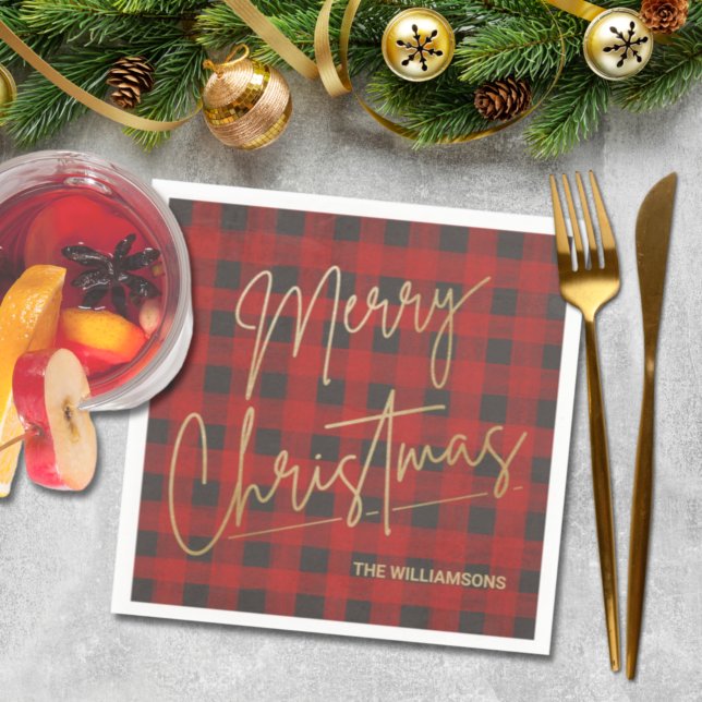 Gold Merry Christmas Red Buffalo Plaid Napkin (Creator Uploaded)
