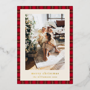 Gold Merry Christmas Red Green Plaid Family Photo
