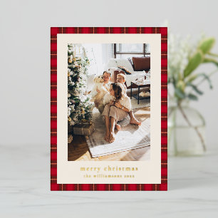 Gold Merry Christmas Red Green Plaid Family Photo