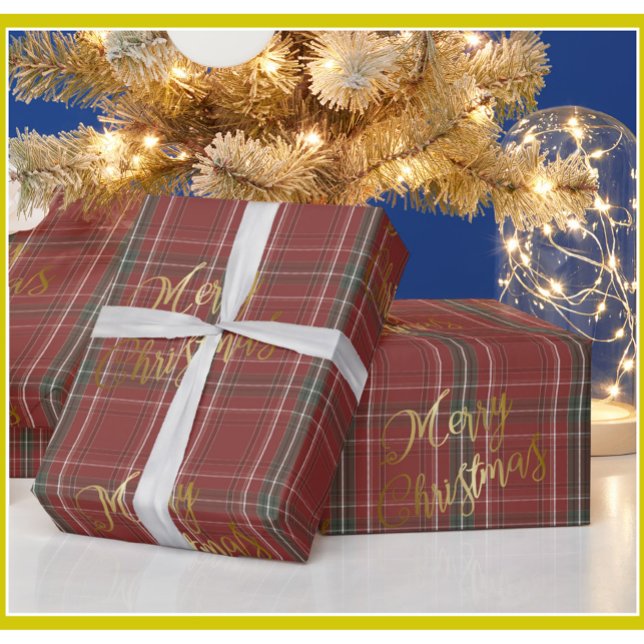 Gold Merry Christmas Red Green Plaid Wrapping Paper (Creator Uploaded)