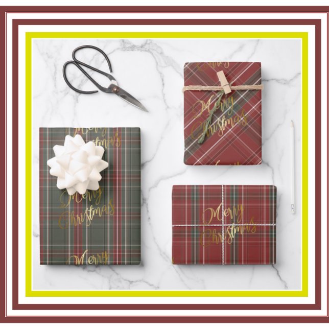 Gold Merry Christmas Red Green Plaid Wrapping Paper Sheet (Creator Uploaded)