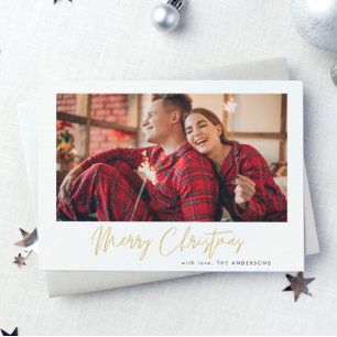 Gold Merry Christmas   Red Plaid Photo Holiday Card