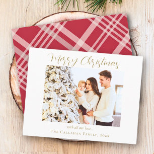 Gold Merry Christmas Red Plaid Photo Holiday Card