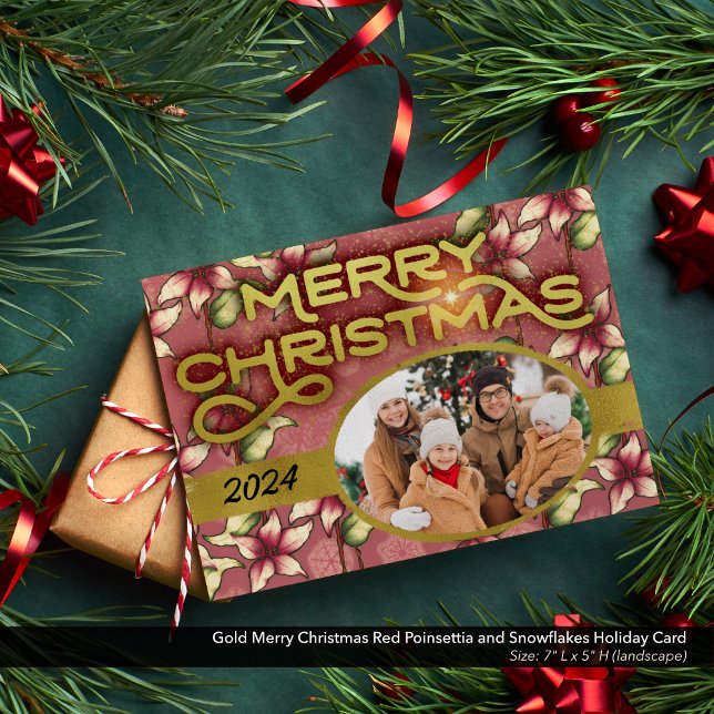 Gold Merry Christmas Red Poinsettia and Snowflakes Holiday Card (Gold Lettering Merry Christmas Photo Card with Red Poinsettias and Snowflakes)