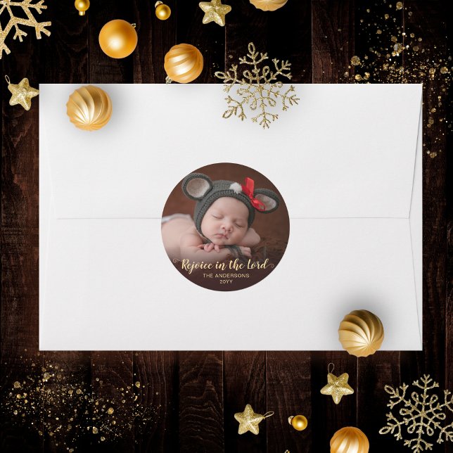 Gold Merry Christmas Religious Photo Christmas Classic Round Sticker (This rustic religious Christmas card sticker has a warm, gold and brown color palette.)