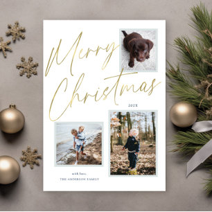 Gold Merry Christmas Script 3 Photo Holiday Card