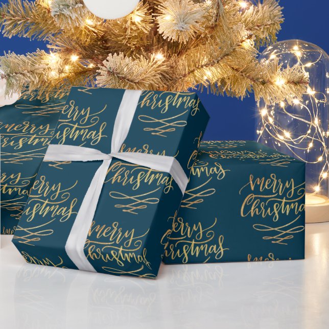 Gold Merry Christmas Script Calligraphy Blue Wrapping Paper (Holidays)
