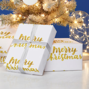 Gold Merry Christmas Script Calligraphy on white Wrapping Paper