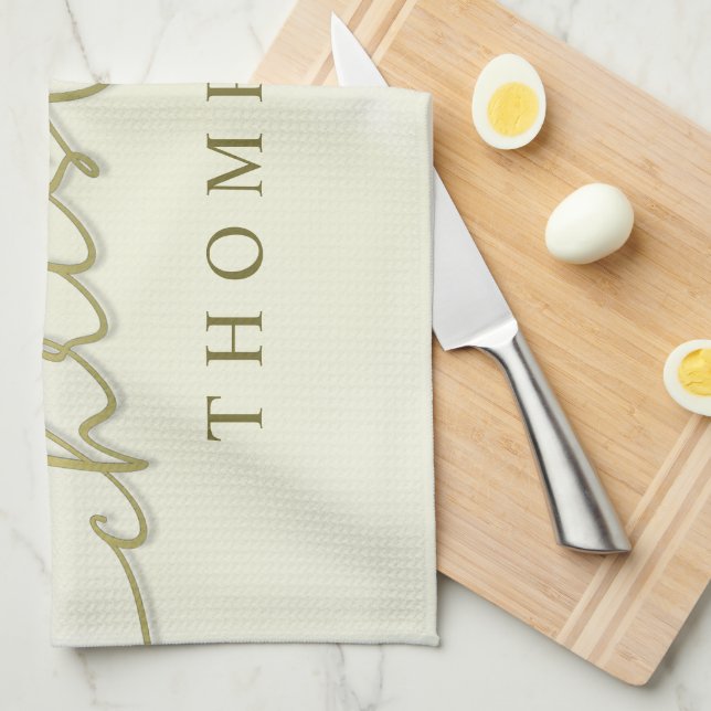 Gold Merry Christmas Script Personalised Tea Towel (Quarter Fold)