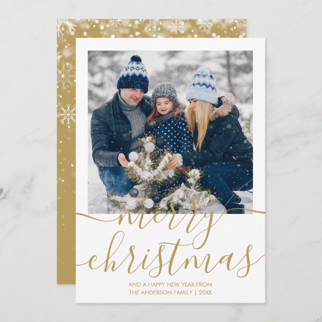 Gold Merry Christmas Script Photo Holiday Card (Front/Back)