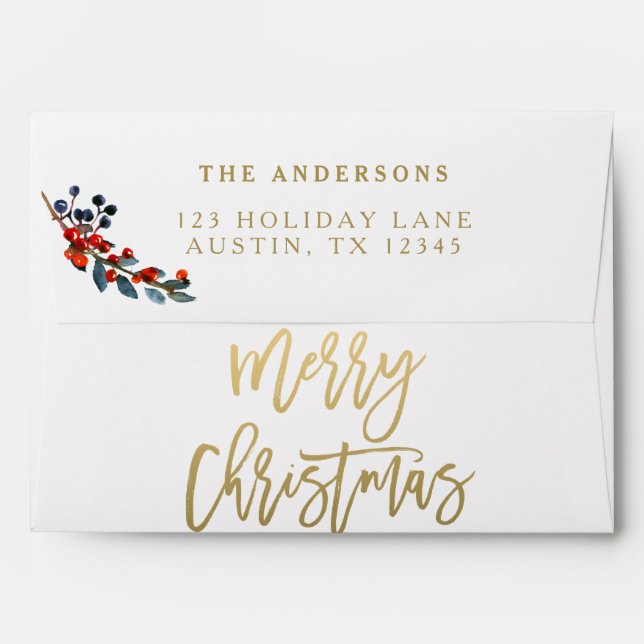 Gold Merry Christmas Script Red Berries Holiday Envelopes (Back (Top Flap))