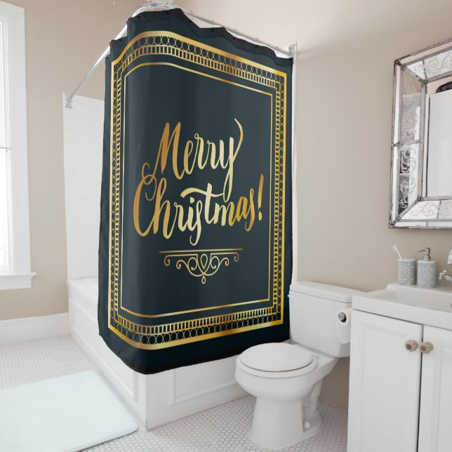 Gold Merry Christmas Shower Curtain (In Situ)