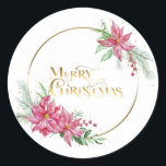 Gold Merry Christmas Text w/Poinsettias and Pine Classic Round Sticker<br><div class="desc">Sprays of elegant watercolor style poinsettias and berries with winter pine and greenery with oval gold gradient bands and custom "Merry Christmas" font with gold sparkles.</div>
