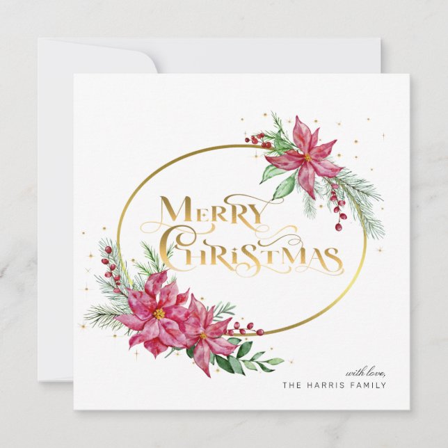 Gold Merry Christmas Text w/Poinsettias and Pine Holiday Card (Front)